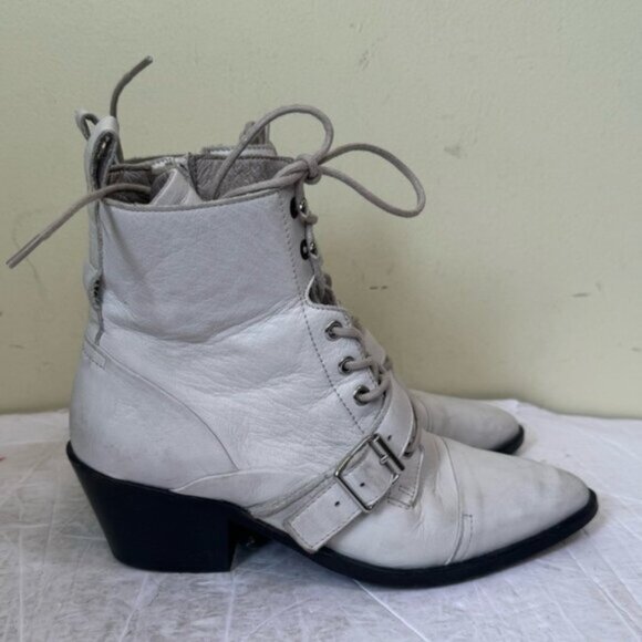 AllSaints Katy Leather Zip Buckle Lace Up Moto Western Heel Boots Festival Shoe - Picture 3 of 16